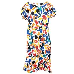 Calvin Klein Size 6 Dress Vibrant Abstract Puff Sleeve Midi Cotton Unique Trendy